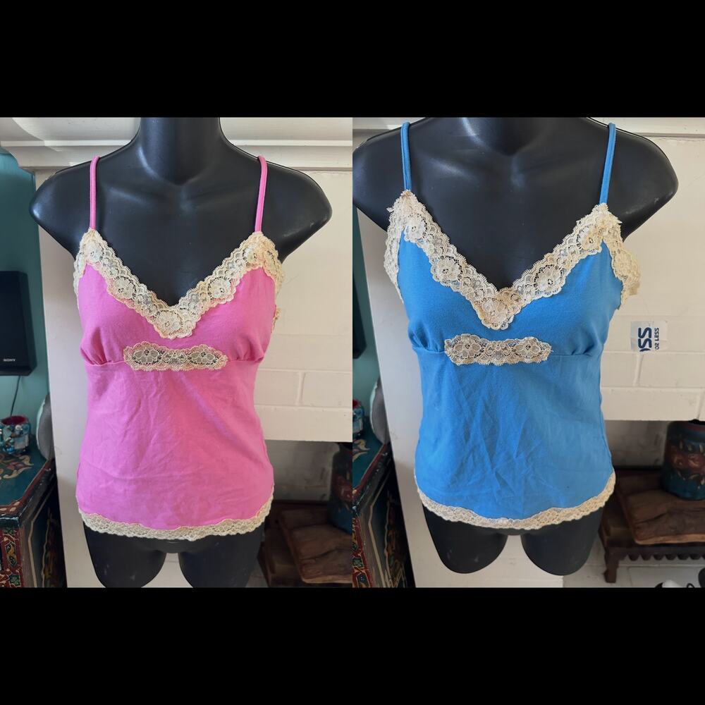 SET OF 2 NEW Y2K LACE TRIM ST. EVE CAMISOLES -PINK & BLUE COTTON SPANDEX S